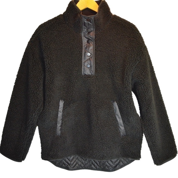 Athleta Cozy Sherpa Snap Sweatshirt, Black Color - Size Medium NWOT Pullover - Picture 1 of 14
